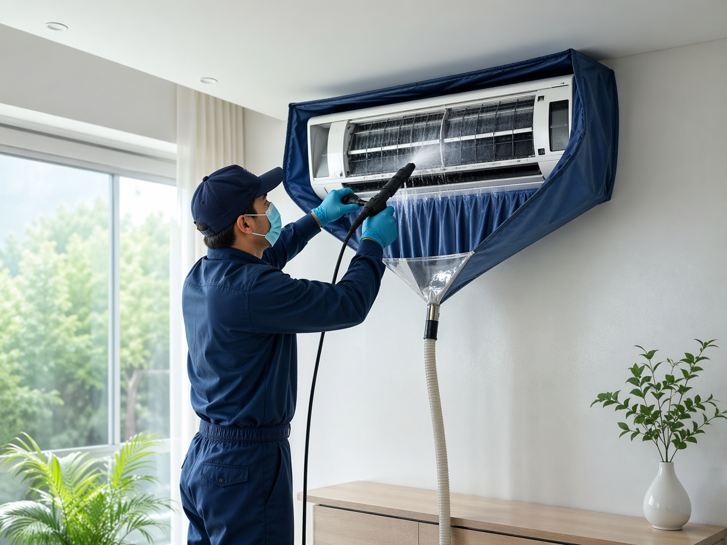 Técnico lavando ar-condicionado split